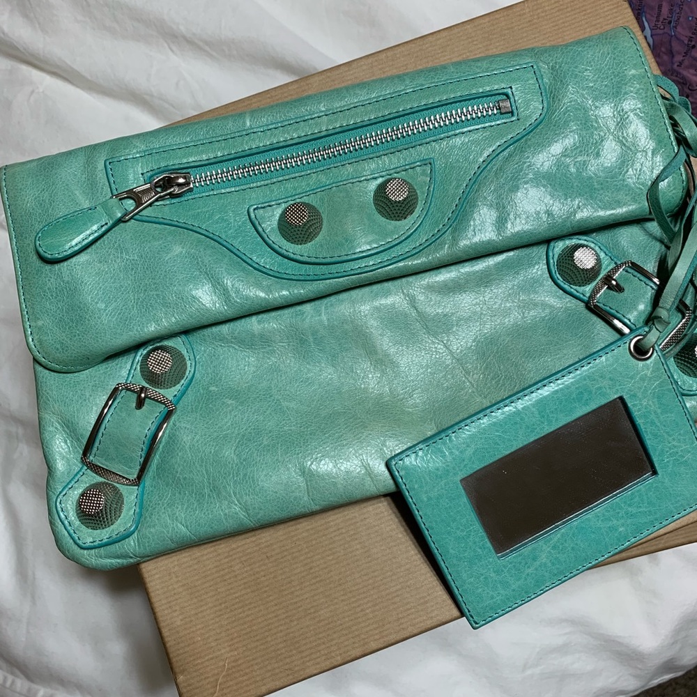 Balenciaga Turquoise Leather Fold-Over Clutch